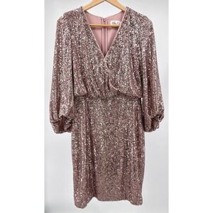 Eliza J Sequin Mini Dress Womens 6 Mauve Pink Blouson Puff Sleeve NWT